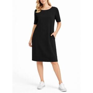 Eileen Fisher Black Tencel Jersey Shift Dress XL • 3/4 Sleeve Minimalist